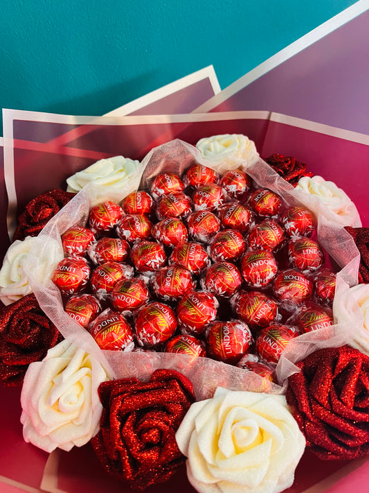 Red and Cream Glitter Rose Lindor Chocolate Bouquet