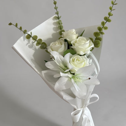 Elegant Handheld Cream Rose & Lily Bouquet