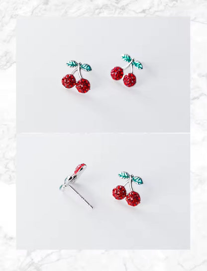 Sterling Silver Dainty Red Cherry Stud Earrings