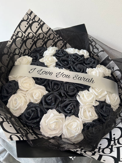 Black & White Personalised Glitter Rose Bouquet High End Wrapping