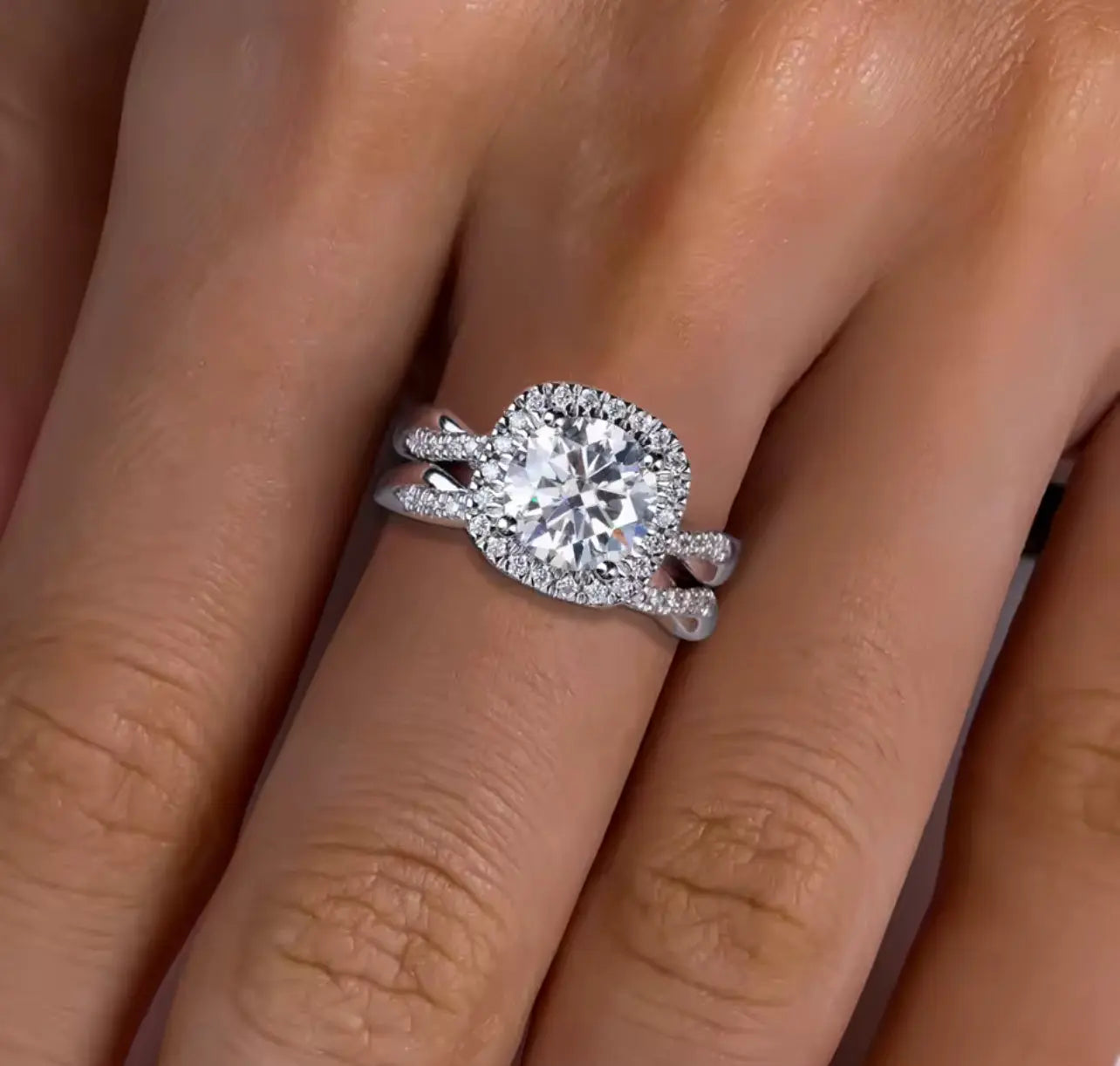 3CT Moissanite Halo Silver Engagement Ring Set