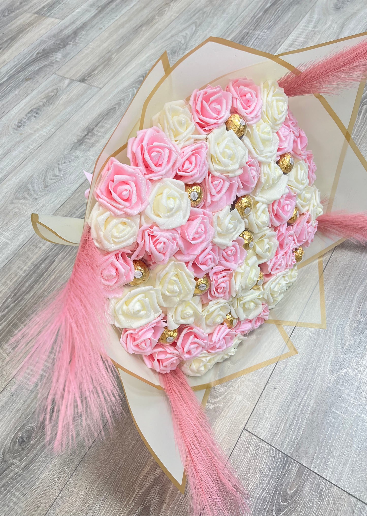 Hand Crafted Pink And Cream Large Chocolate Glitter Rose Bouquet