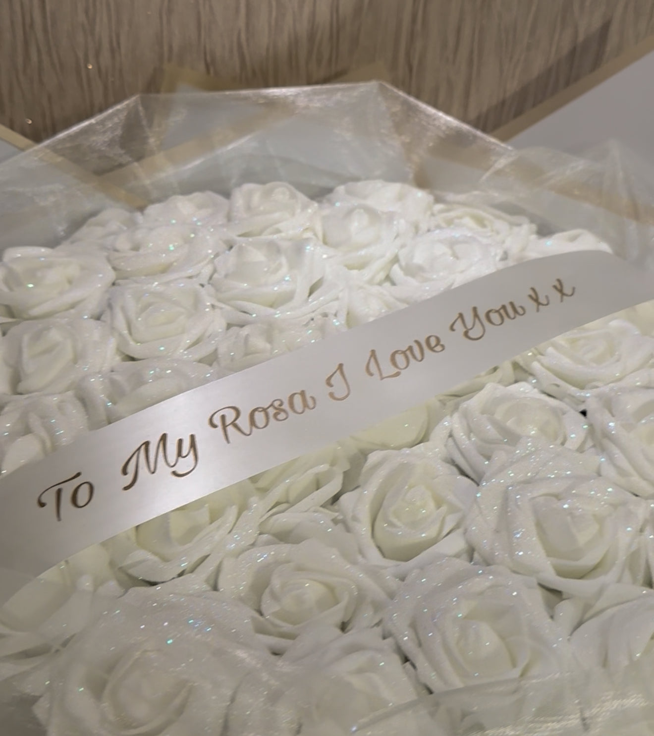 White Glitter Rose Personalised Gold Bouquet