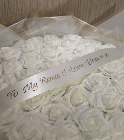 White Glitter Rose Personalised Gold Bouquet