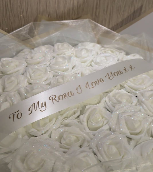 White Glitter Rose Personalised Gold Bouquet