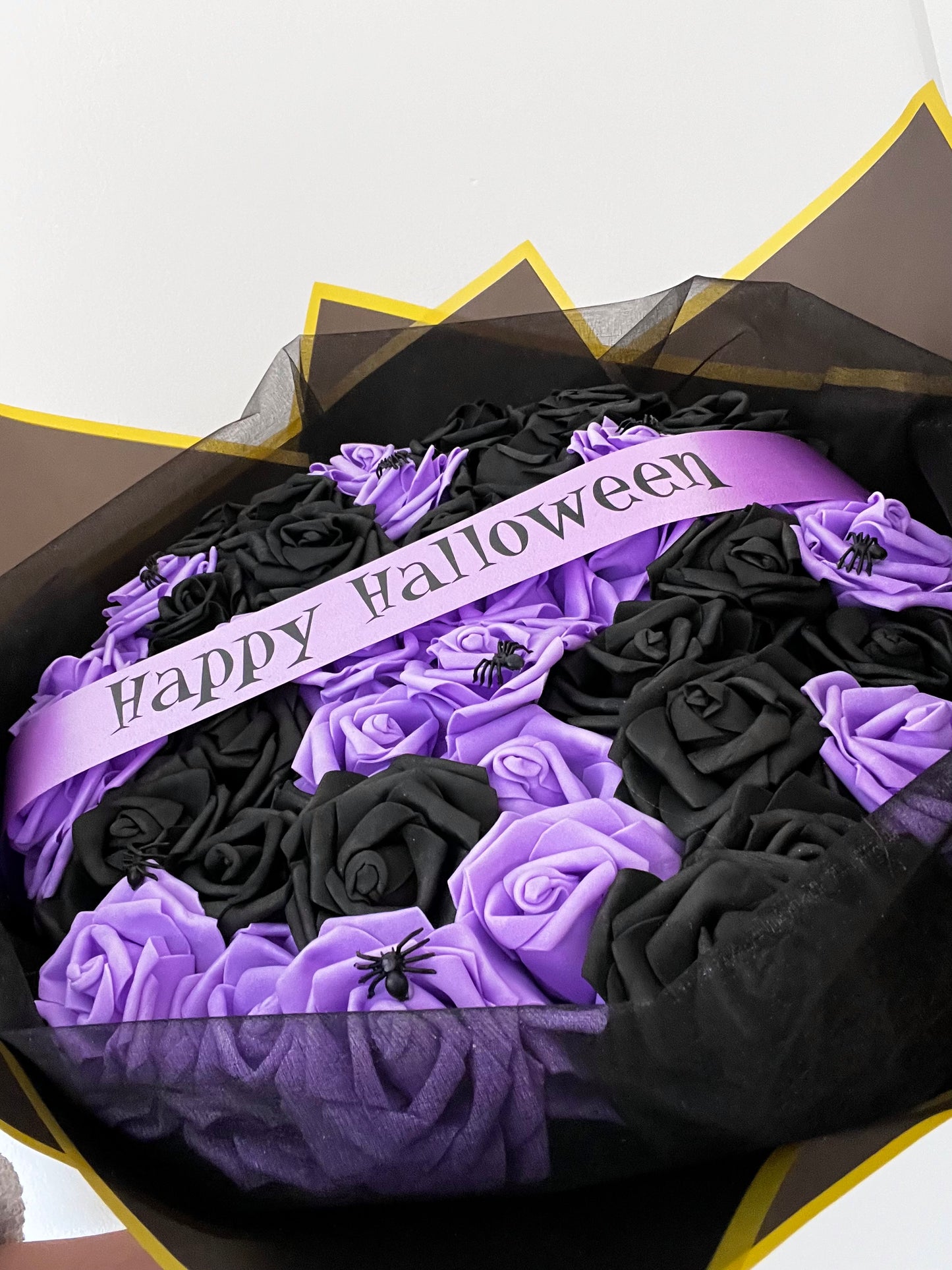 Happy Halloween Purple & Black Spider Rose Bouquet Decor