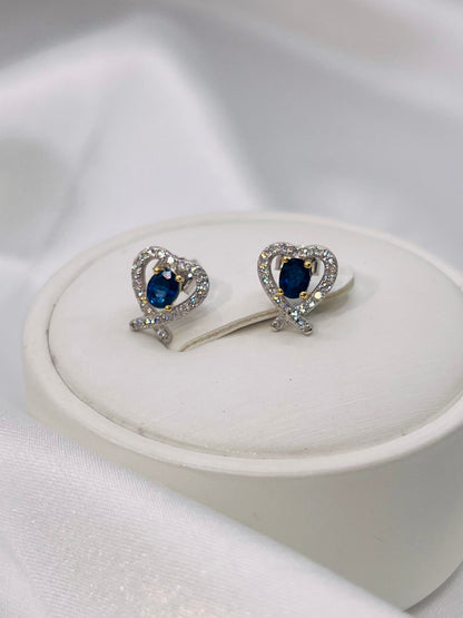 Natural Sapphire Love Heart Silver Stud Earrings