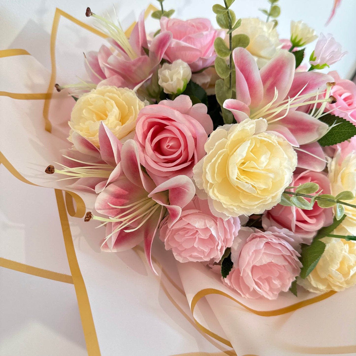 Pink & Gold Rose, Lily & Peonies Personalised Flower Bouquet - Blooming Gifts