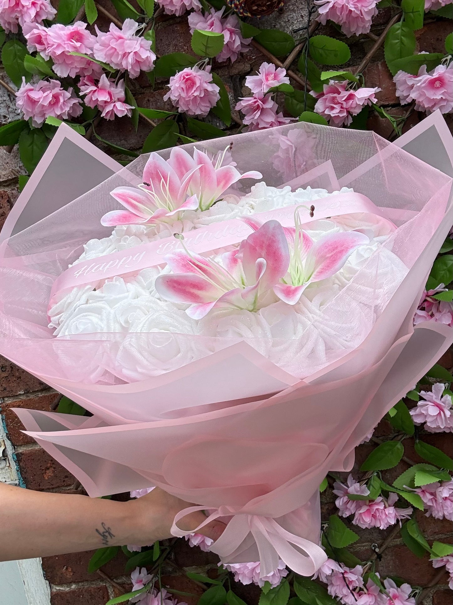 Personalised White Glitter Rose Bouquet With Pink Lilies