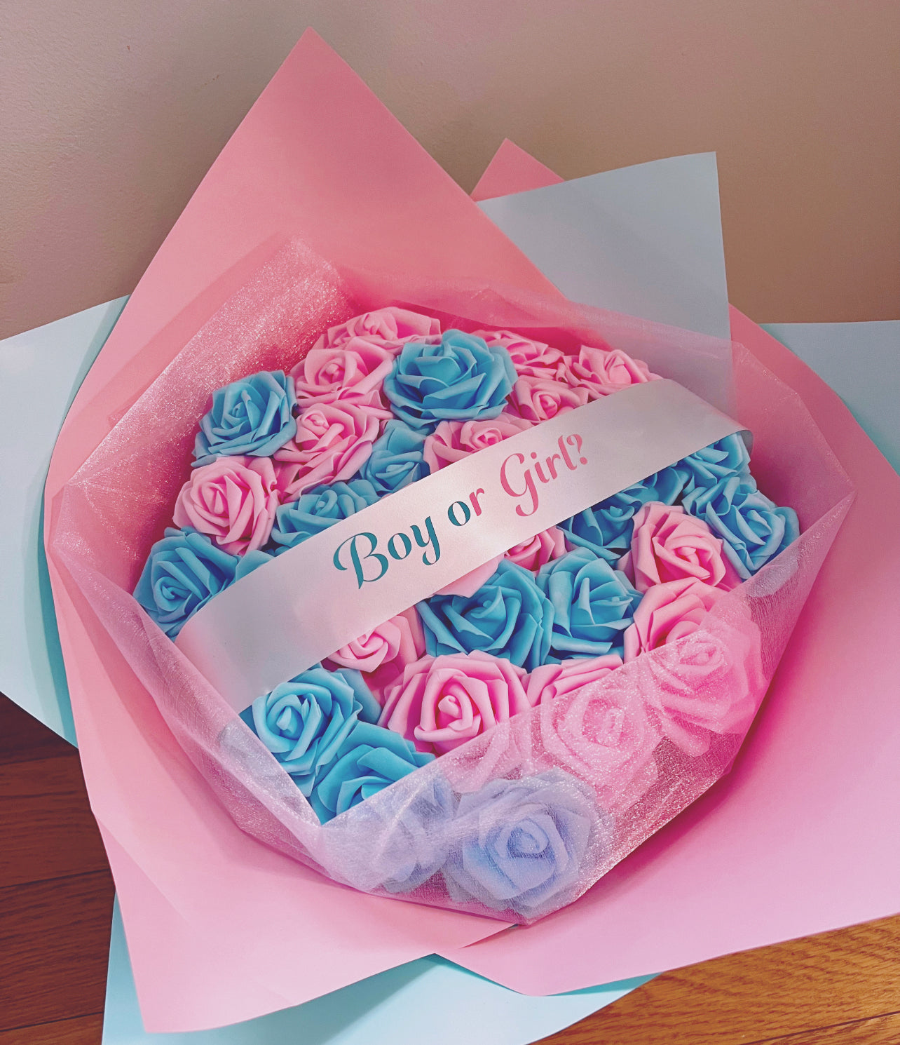 Boy Or Girl? Pink and Blue Rose Bouquet Baby Gender Reveal Style