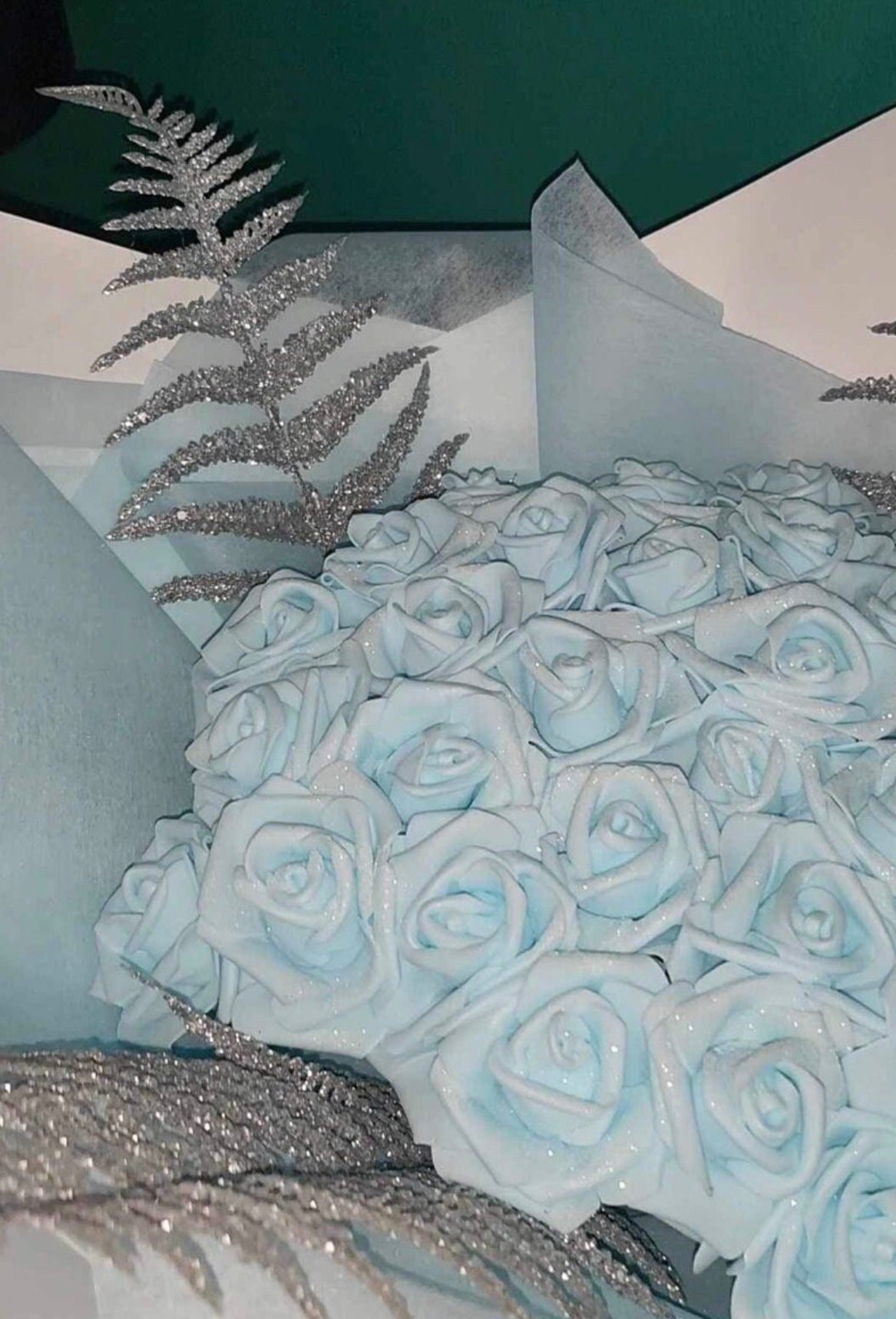 Hand Crafted Sky Blue Glitter Rose Flower Bouquet