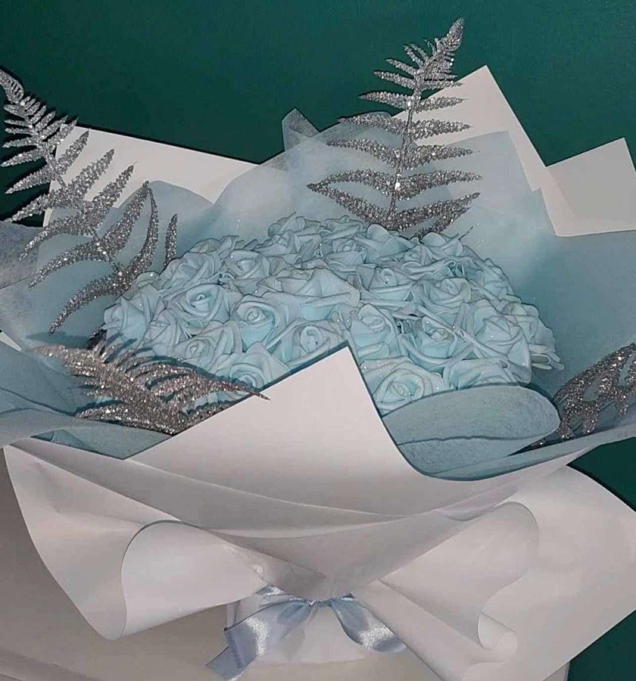 Hand Crafted Sky Blue Glitter Rose Flower Bouquet