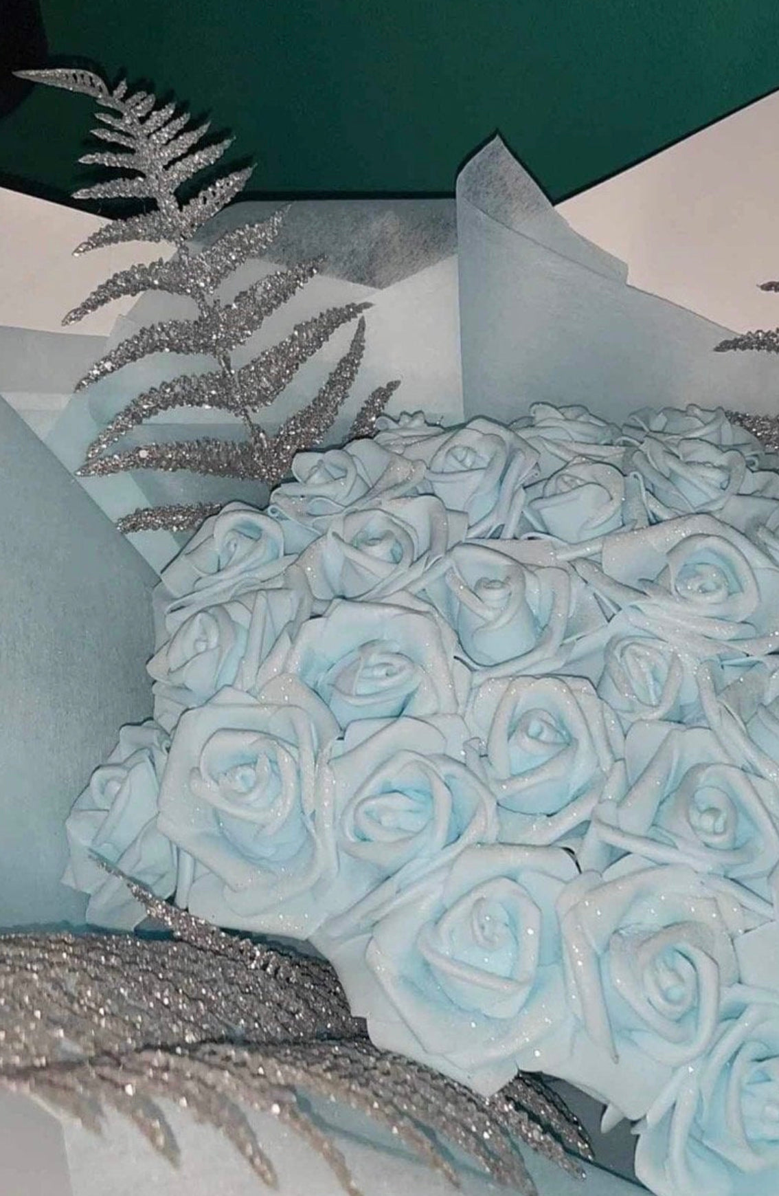 Hand Crafted Sky Blue Glitter Rose Flower Bouquet