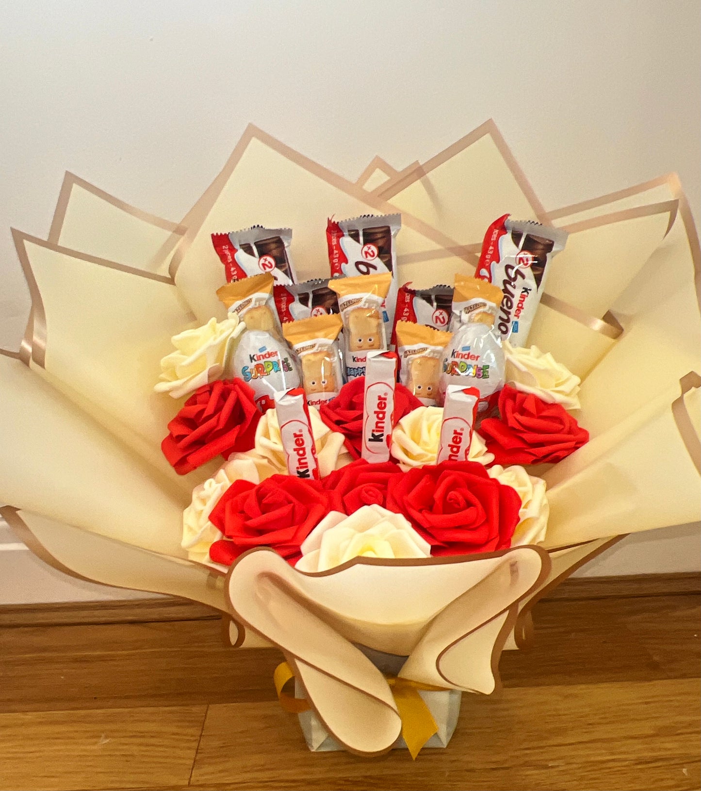 Kinder Chocolate Red & Cream Rose Bouquet