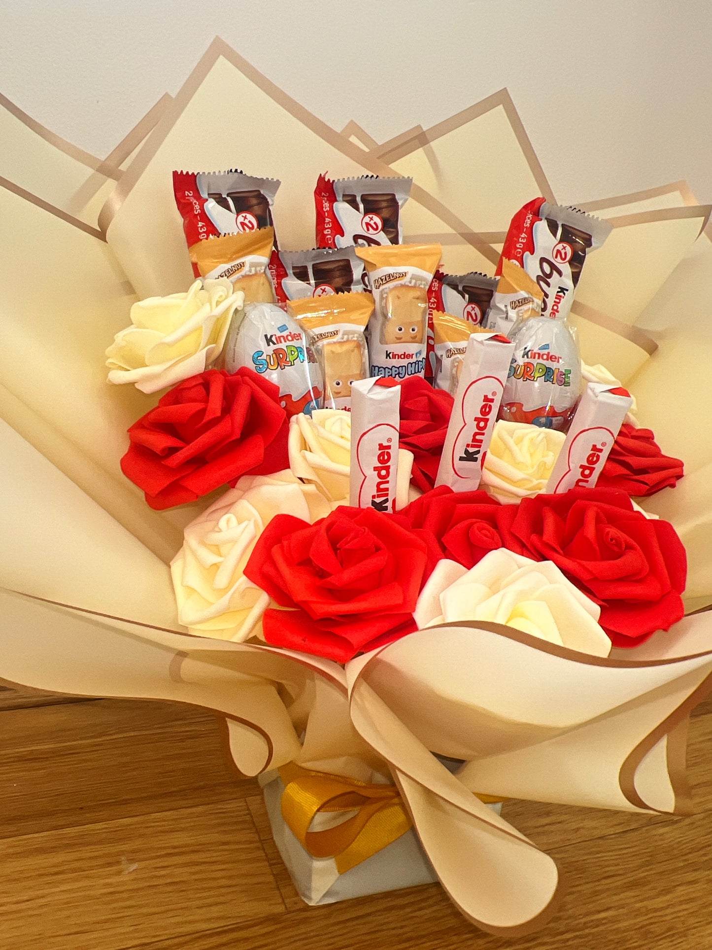 Kinder Chocolate Red & Cream Rose Bouquet