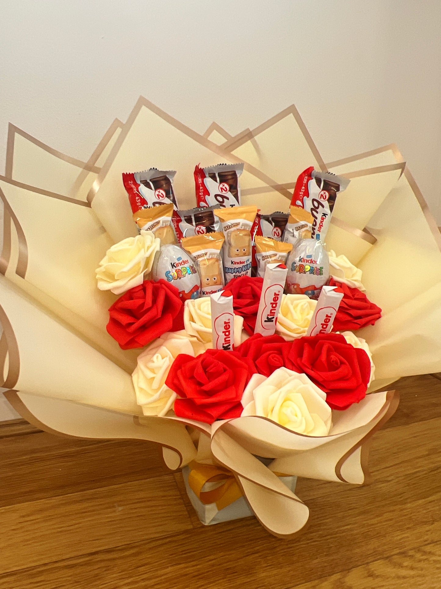 Kinder Chocolate Red & Cream Rose Bouquet