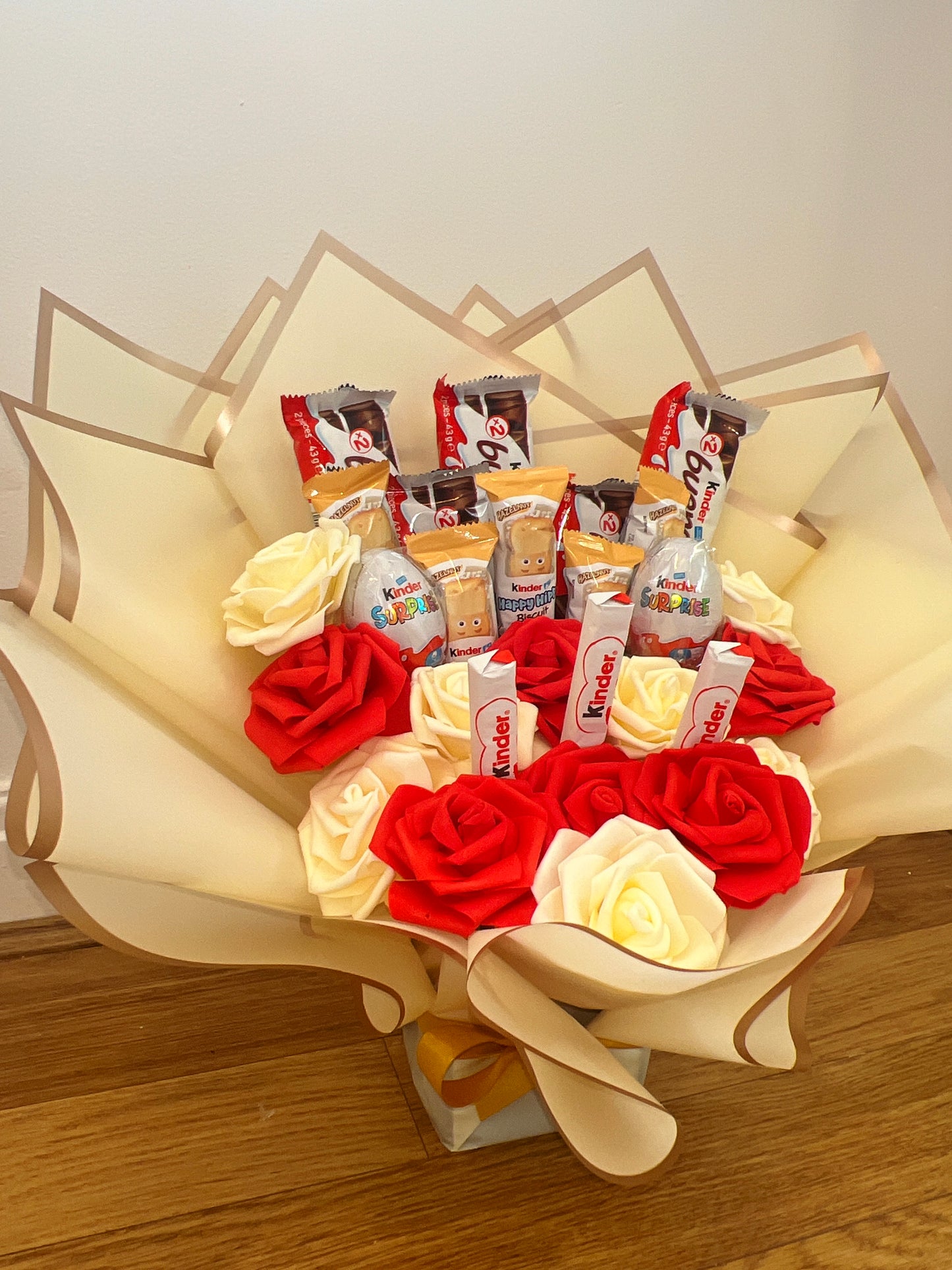 Kinder Chocolate Red & Cream Rose Bouquet