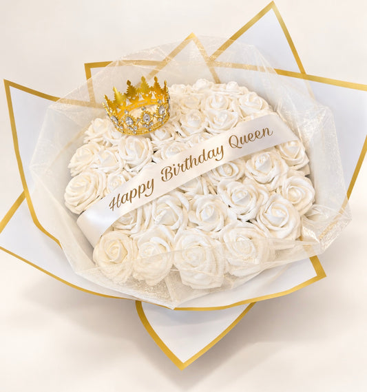 Personalised White Glitter Rose Flower Bouquet With Crown