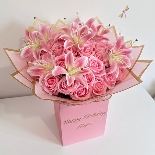 Personalised Flower Bouquet Gift Box Luxury Pink Rose & Lily Floral Arrangement for Any Occasion - Blooming Gifts