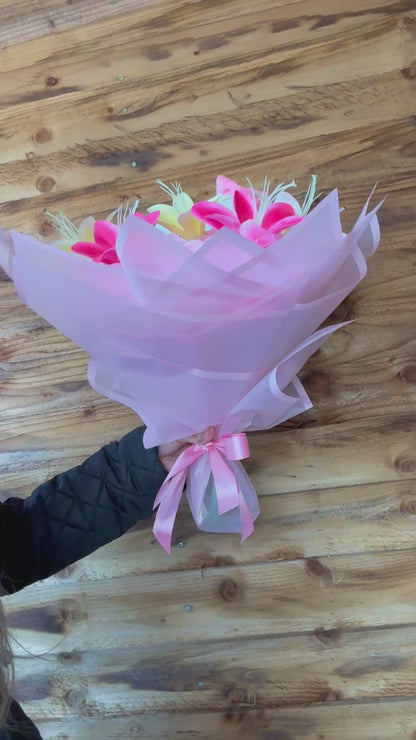 Hello Kitty Pink Rose & Lily Bouquet with Plush Teddy Forever Flower Gift