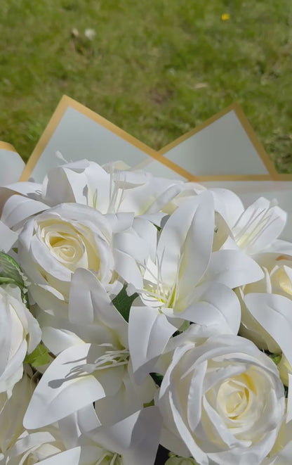 Large Artificial White Lily & Rose Bouquet in Gift Flower Bag Elegant Faux Floral Arrangement