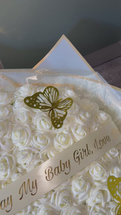 100 Ivory Forever Rose Bouquet  Personalised Luxury Rose Bouquet with Gold Butterflies