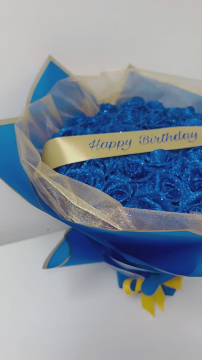 Personalised Message Blue & Gold Glitter Rose Bouquet Gift