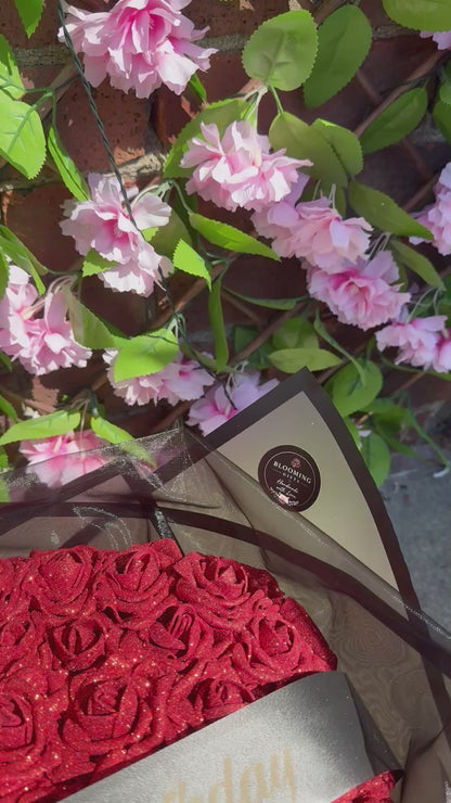 Personalised Red Glitter Rose Black Bouquet with Optional Crown