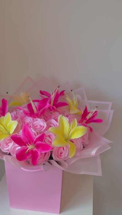 Pink Rose Bouquet with Pink & Yellow Lilies