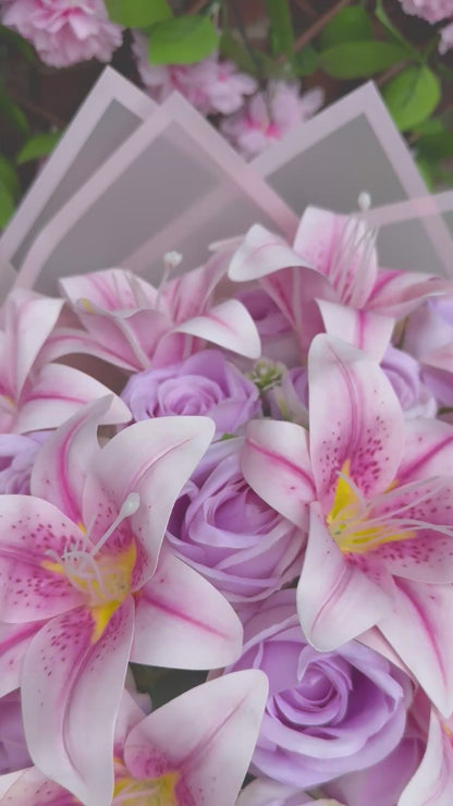Pink Lily & Lilac Lavender Rose Luxury Artificial Flower Bouquet Gift Box