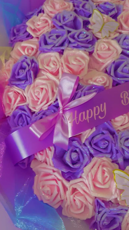 100 Glitter Rose Purple / Pink Large Flower Bouquet Gift