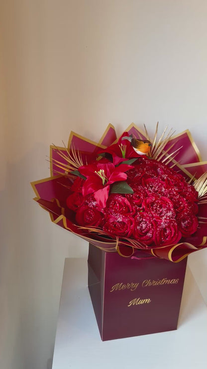 Snowy Christmas Robin & Lily Bouquet – Personalised Luxury Christmas Flowers