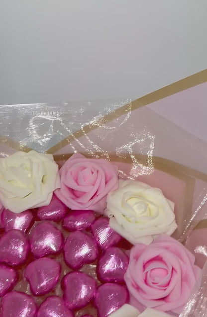 Chocolate Love Hearts Rose Bouquet Pink & Cream