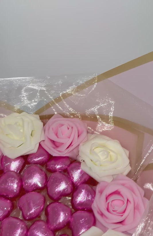 Chocolate Love Hearts Rose Bouquet Pink & Cream
