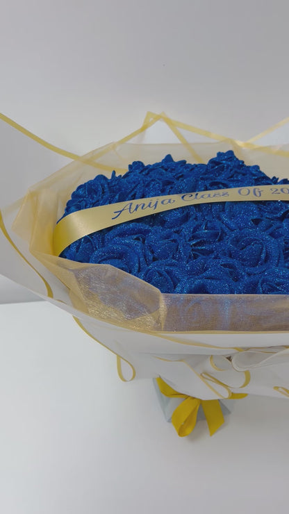 Blue White & Gold Personalised Glitter Rose Bouquet Gift
