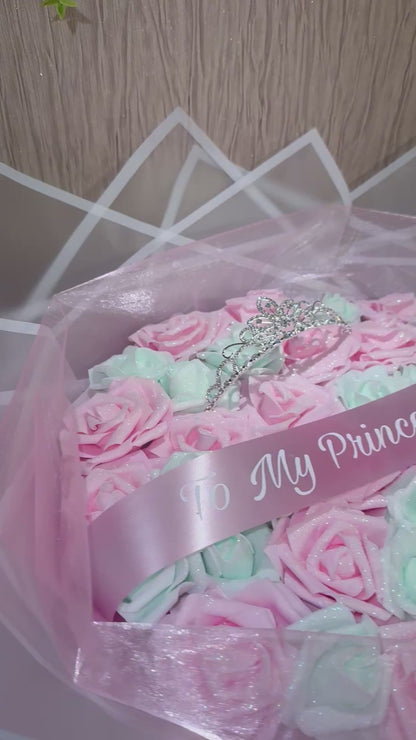 Blush Pink & Pale Green Glitter Rose Tiara Personalised Bouquet