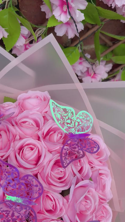 Luxury Baby Pink Rose Bouquet with Iridescent Butterflies Personalised Forever Rose Gift
