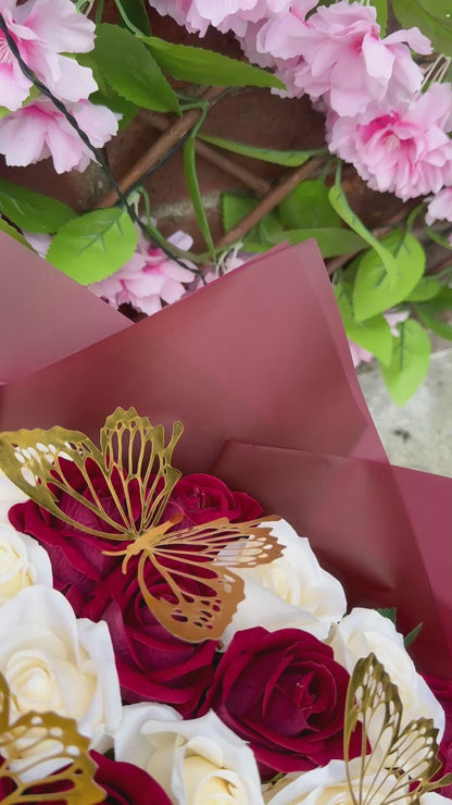 Luxury Red & Ivory Artificial Rose Bouquet with Gold Butterflies | Forever Roses