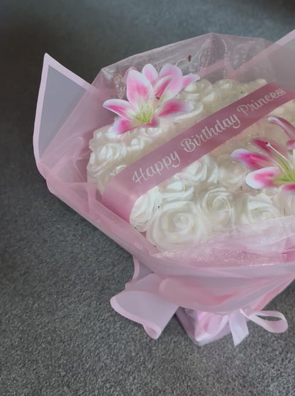 Personalised White Glitter Rose Bouquet With Pink Lilies