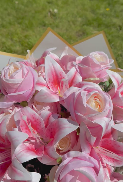 Large Artificial Pink Lily & Rose Bouquet in Gift Flower Bag Elegant Faux Floral Arrangement (Copy)