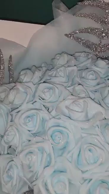 Hand Crafted Sky Blue Glitter Rose Flower Bouquet