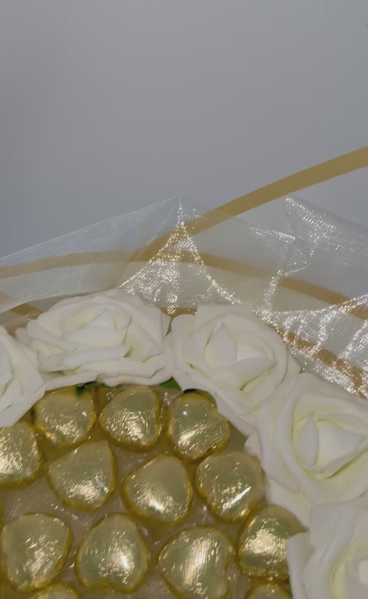 Chocolate Love Hearts Rose Bouquet Gold & Cream