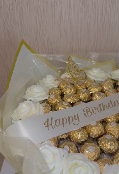Personalised Ferrero Rocher Chocolate Rose Bouquet Cream & Gold