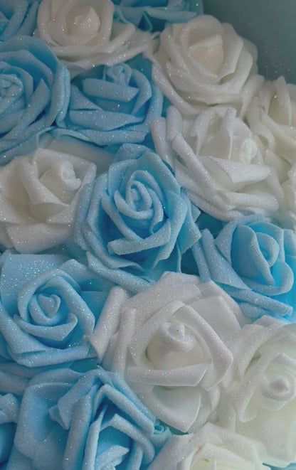 Blue & White Glitter Rose Flower Bouquet
