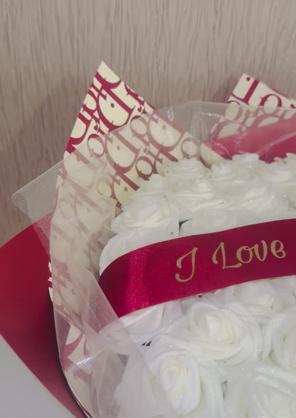 Luxury Red & Cream Glitter Rose Personalised Bouquet High End Wrapping
